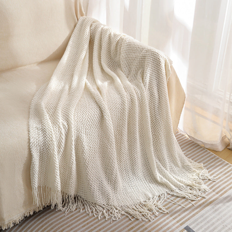 NNEDSZ Off-white Premium Woven Knitted Throw Blanket with Tassels | Soft, Cozy Sofa & Bed Blanket, Perfect for Office or Afternoon Naps 130x220cm-1
